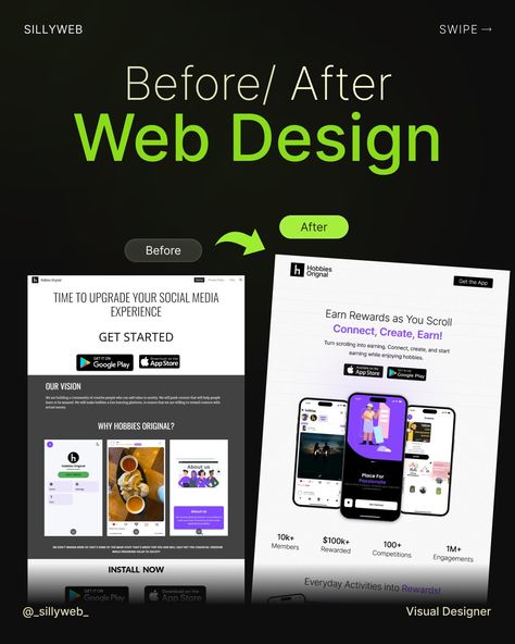 Before/ after Website redesign for a social media app Website Ads, App Website, Medium App, Website Redesign, Ad Creative, Ux Web Design, Key Design, Design Website, Landing Page Design