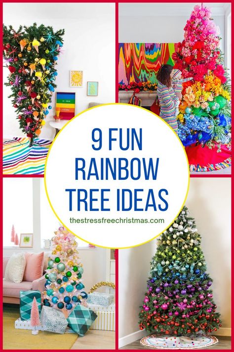 White Christmas Tree Rainbow Decorations, Rainbow Themed Christmas Tree, Rainbow Xmas Tree, Christmas Tree Ideas Rainbow, Lgbtq Christmas Tree, Rainbow Christmas Trees, Rainbow Tree Topper, Diy Rainbow Christmas Ornaments, Color Block Christmas Tree