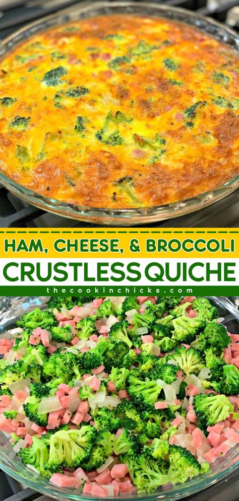 Whip up this quiche recipe! It's an easy school breakfast idea with a make-ahead option. Packed with ham, cheese, and broccoli, this crustless quiche is a delicious back-to-school food while being low-carb! Mothers Day Casserole Recipes, Ham And Broccoli Quiche, Ham Quiche Recipe, Crustless Broccoli Quiche, Broccoli Cheese Quiche, Broccoli Quiche Recipes, Quiche Recipes Crustless, Cheese And Broccoli, Cheese Quiche Recipe