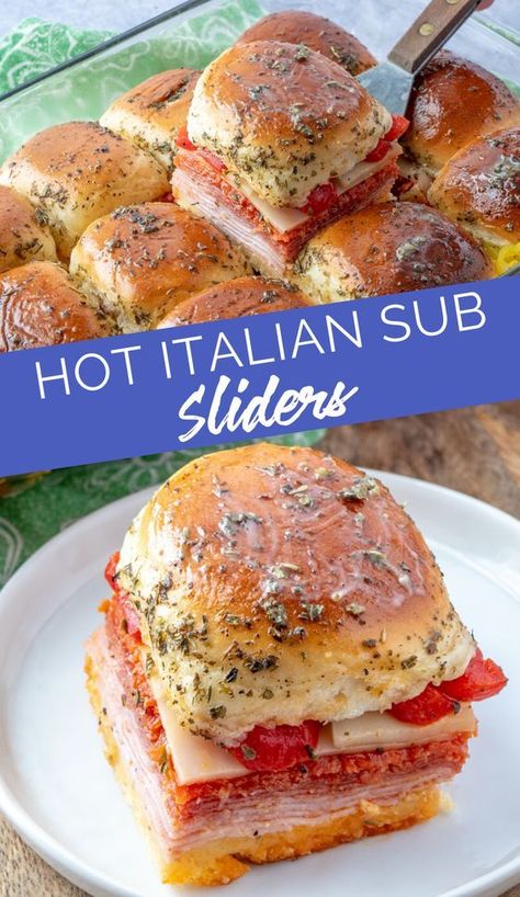 Hot Italian Sub Sliders Sliders Healthy, Italian Sub Sliders, Sub Sliders, Italian Sliders, Hot Sandwich Recipes, Easy Slider Recipes, Italian Appetizer, Slider Sandwiches, Italian Sub