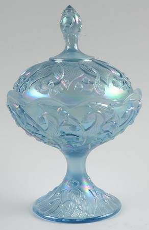 Fenton, Lily of the Valley Misty Blue Satin (Iridescent) | Replacements, Ltd. Blue Carnival Glass, Crystal Glasses, Iridescent Crystal, Glass Candy Dish, Glass Candy, Fenton Glass, Rose Bowl, Carnival Glass, Vintage Glassware