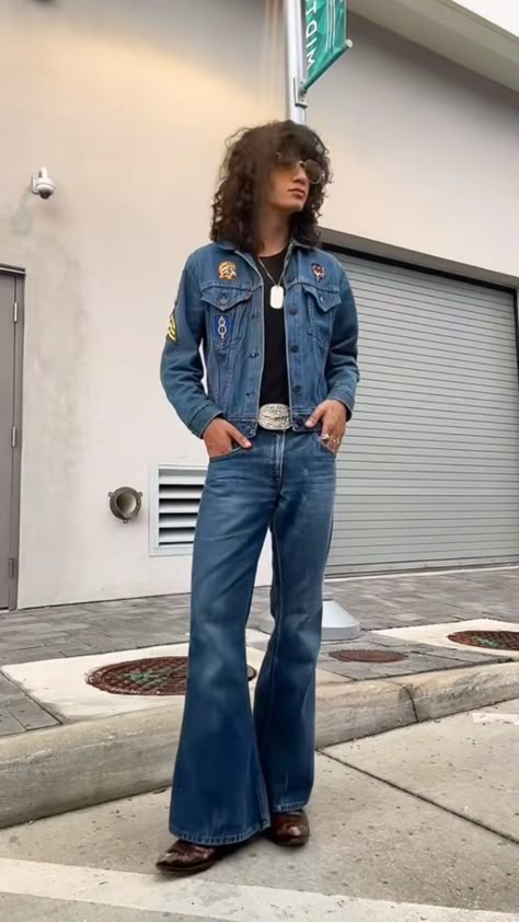 70s Vibes Outfit, 70s Male Fashion Aesthetic, Men Eclectic Fashion, 70 Rock Aesthetic, Masc 70s Outfits, Masculine 70s Outfits, Retro Jeans Outfit, Vintage Cowboy Outfit, 70’s Mens Fashion