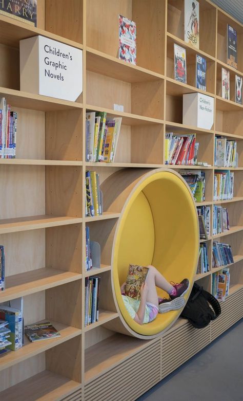 Chair Shelf, School Library Design, Library Cafe, Classroom Interior, Library Inspiration, Community Centre, Childrens Library, School Interior, Library Furniture