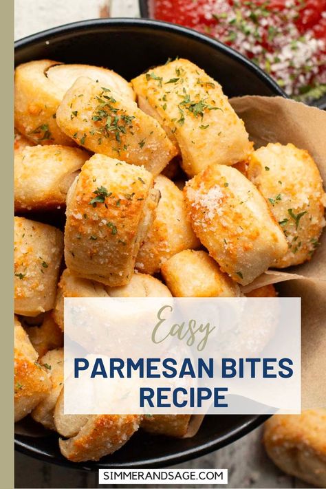 ​These golden brown Parmesan bites should come with a warning label! Parmesan Bites Recipe, Garlic Parmesan Biscuit Bites, Dominos Garlic Parmesan Bites, Pizza Dough Bites, Garlic Parmesan Bites, Parmesan Bread Bites, Parmesan Bites, Family Breakfast Recipes, Parmesan Bread