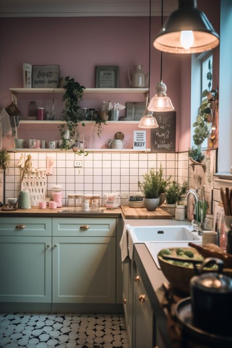 Kitchen Design Colourful, Colorful Kitchen And Living Room, Aesthetic Pastel Kitchen, Quirky Home Interior, Fun Color Kitchen, Small Colourful Apartment, English Eccentric Interiors, Kitchen Inspo Colorful, Retro Apartment Kitchen