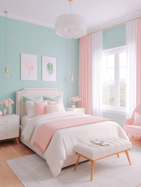 Preppy Room Paint Colors, Pastel Paint For Bedroom, Pastel Rooms Bedrooms, Pastel Color Bedroom Ideas, Teen Bedroom Color Schemes, Teen Room Color Schemes, Pastel Room Colors, Mint And Pink Bedroom, 2025 Bedroom Color Trends