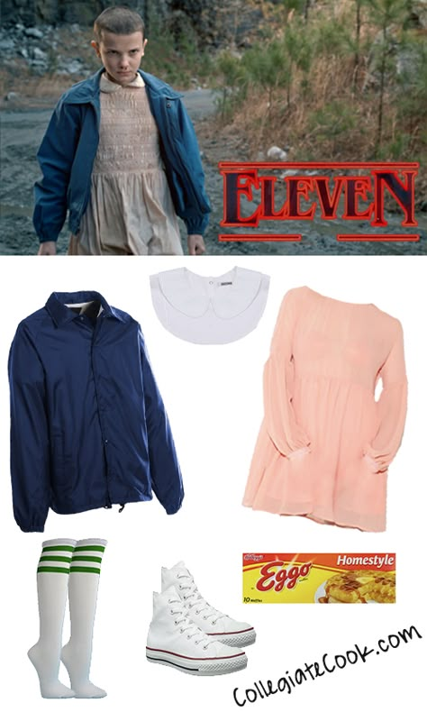 Stranger Things Costume Ideas - How to dress like Eleven for Halloween - Collegiate Cook Eleven Costume Halloween, Eleven Costume Ideas, Eleven Costume Stranger Things, Diy Stranger Things Costume, Eleven Outfits, Stranger Things Costume Ideas, Eleven Halloween Costume, Disfraces Stranger Things, Eleven Stranger Things Cosplay