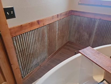 Bathroom With Metal Walls, Half Tin Walls, Galvanized Bathroom Walls, Tin Wainscoting Bathroom, Metal Wainscoting, Galvanized Wainscoting Ideas, Tin On Walls Ideas, Metal Shower Walls Corrugated Tin, Tin And Wood Walls