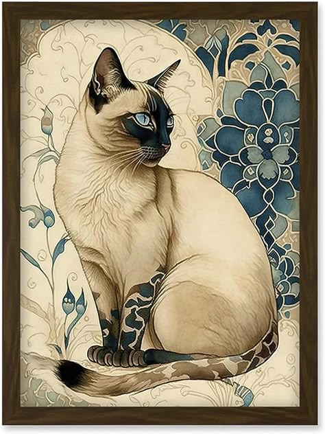 Amazon.com: Siamese Cat with Blue Flower Pattern Modern Art Nouveau Watercolour Illustration Artwork Framed Wall Art Print A4 : Home & Kitchen Vintage Siamese Cat Art, Cat Modern Art, Watercolor Siamese Cat, Art Nouveau Cat Tattoo, Siamese Cats Drawing, Siamese Cat Art, Art Nouveau Posters, Art Nouveau Modern, Art Nouveau Animals