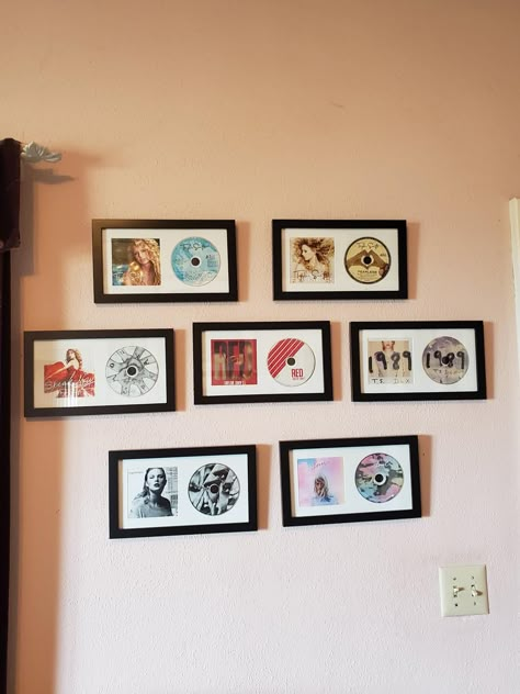 Taylor Swift Vinyl Display, How To Display Cds, Taylor Swift Shrine Room, Taylor Swift Aesthetic Room Decor, Taylor Swift Shelf, Taylor Swift Cd Display, Merch Organization, Taylor Swift Vinyl Wall Decor, Cd Display Ideas