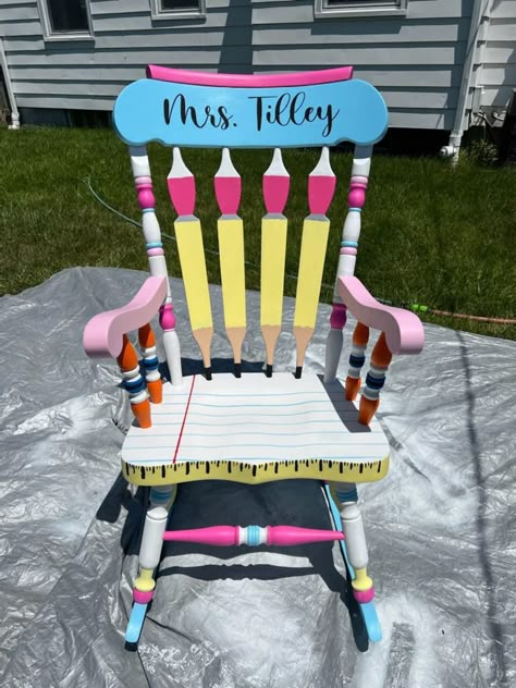 Rocking Chairs For Teachers, Painted Classroom Chair, Classroom Chair Ideas, Teacher Rocking Chair Painted, Classroom Rocking Chair, Teacher Rocking Chair, Teacher Rocking Chairs, Teacher Stool, Whimsical Chairs