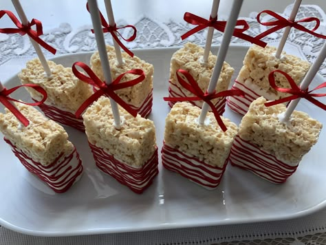 Kansas City Chiefs Rice Krispie Treats, Grad Rice Krispies, Sweet 16 Dessert Table Ideas Red, Burgundy Quince Dessert Table, Red Wedding Dessert Table, Red Rice Crispy Treats, Red And Gold Chocolate Covered Pretzels, Red White And Gold Dessert Table, Red Snacks For Party Food Ideas