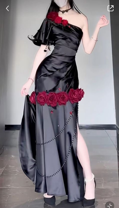 Idea For Dress Design, Hollywood Aesthetic Outfits, Dress Ideas Aesthetic, Chinese Dress Aesthetic, Rose Inspired Outfits, Asymmetrical Dress Formal, Vintage Hollywood Dresses, Elegant Red Dresses, Dresses Reference