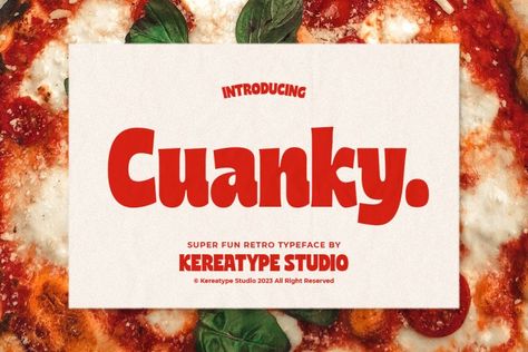 Cuanky is a super fun, retro-style sans serif font with subtle serifs. It possesses a recognizable flair and evokes a sense of warm nostalgia. Available in both regular and italic styles, Cuanky also features a playful hint of the future. Cuanky is perfect for headlines or food-related designs, such as pizza, burgers, and restaurant themes. […] Get your free download of the Cuanky Font now at FreeFontDL - Free Font Download! Food Typography Design, Restaurant Font, Food Font, Food Typography, Logos Vintage, Logos Retro, Restaurant Themes, Cool Aesthetic, Pizza Burgers