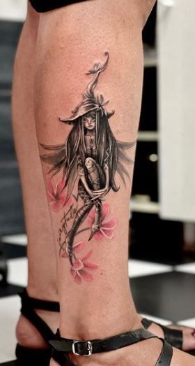 Dark Fairy Tattoos For Women, Fairy Witch Tattoo Ideas, Steampunk Fairy Tattoo, Dark Fairies Tattoo, Fairy Garden Tattoos For Women, Witchy Fairy Tattoo, Witch Fairy Tattoo, Fantasy Fairy Tattoo, Fairy Witch Tattoo