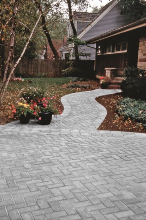 4-In x 8-In Holland paver in a modern grey/charcoal blended color! Lowe's 8-in L x 4-in W x 2-in H Rectangle Grey/Charcoal Concrete Paver in Gray | 196-HP-C Modern Paver Patio, Stamped Concrete Patterns, Grey Pavers, Concrete Patterns, Paver Patterns, Concrete Patio Makeover, Paver Designs, Pavers Backyard, Farmhouse Front Porch