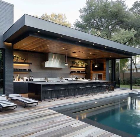 Modern Outdoor Kitchen, Outdoor Kitchen Plans, Outdoor Bbq Kitchen, Outdoor Patio Designs, Exterior Bloxburg, Homes Modern, Backyard Pavilion, Outdoor Living Design, Outdoor Kitchen Patio