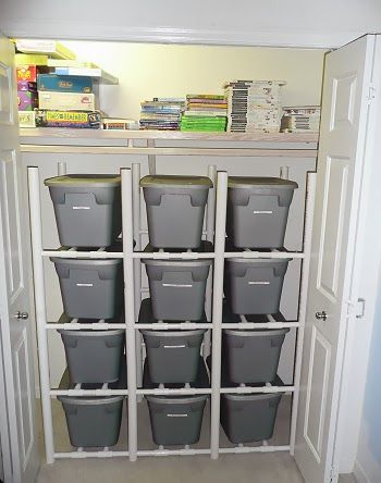 PVC Pipe Tote Racks by Janne.CC Pvc Pipe Storage, Toy Organization Diy, Pvc Pipe Ideas, Toy Room Organization, Garage Organization Tips, Pvc Storage, Pvc Pipe Projects, Clutter Control, Garage Organization Diy