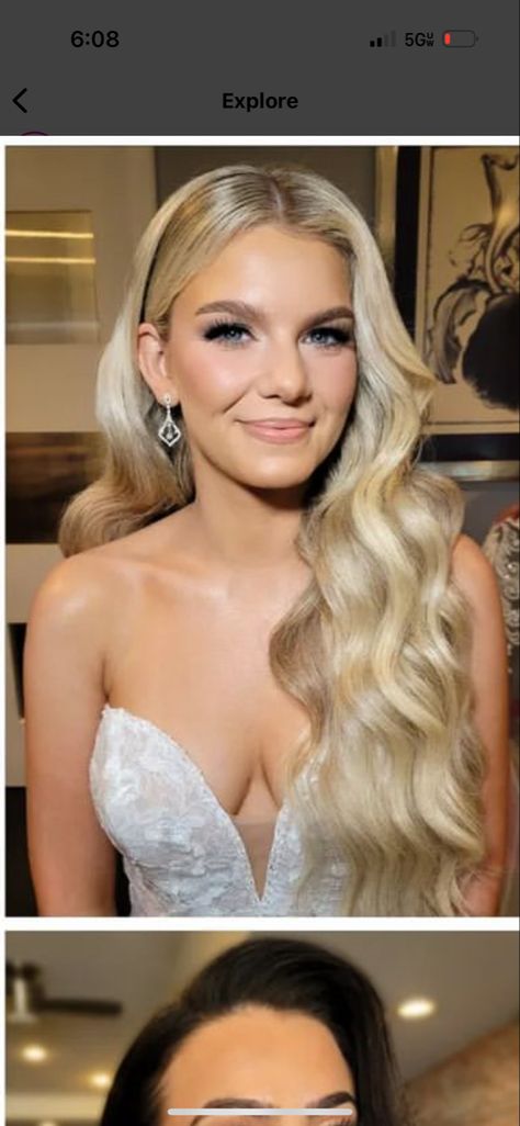 Long Hairstyles Wedding Guest Down, Unique Down Hairstyles, Down Hair Dos For Prom, Prom Hair Front View, Formal Hairstyles Down Medium, Center Part Wedding Hairstyles, Hair Down Curled One Side Pinned, Curled Pinned Back Hairstyles, Half Up Half Down Hair Tucked Behind Ears