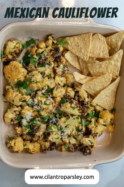 This Mexican Cauliflower is made with cauliflower, chili powder, sour cream, mayonnaise, hot sauce, limes, cotija cheese and cilantro.