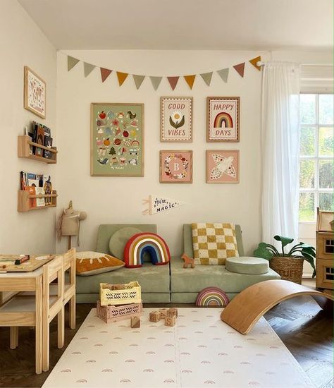 Hayley • Kid of the Village on Instagram: "WEEKEND ☀️  A few of your favourites in the playroom today - and I’m loving this vibe! 🌸   Save 15% when you buy any 3 prints together - no code needed ✨  Have a fabulous weekend everyone! 🩷  #playroom #nursery #childrensdeco #interiors#kidsroomdecor #nurseryideas #girlsroom #kidsroom #homedecor" Small Playroom, Kids Room Deco, Kids Rooms Inspo, Living Room Playroom, Baby Playroom, Toddler Playroom, Toddler Boys Room, Nursery Room Inspiration, Toddler Rooms