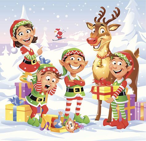 Santa's Helpers Funny Christmas Decorations, Smile Illustration, Snow Illustration, Santa Decor, Holiday Cartoon, Deer Illustration, Cartoon Santa, Deer Stand, Boy Illustration