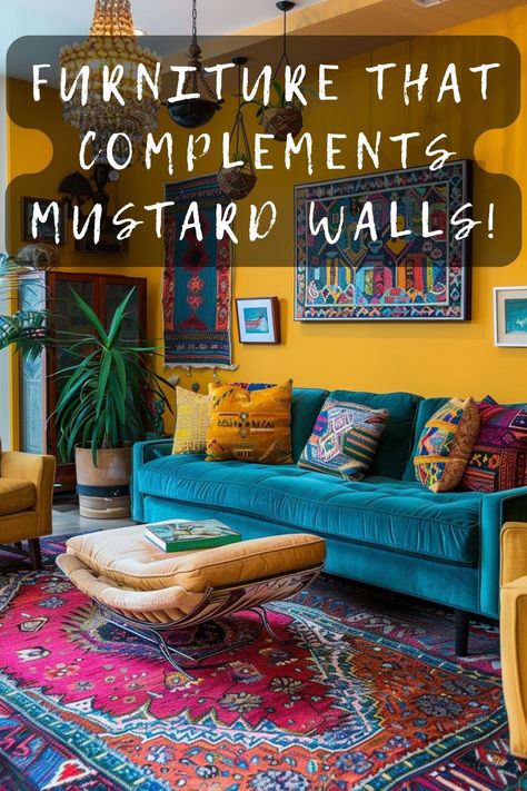 Curious about what color furniture goes best with Mustard walls? Dive into our guide to find the perfect matches that enhance your vibrant decor. Excited to transform your space? Click to explore! 🌟🛋️ #MustardWalls #FurnitureColors #HomeDecor #InteriorDesign #RoomTransformation Mustard Fireplace Wall, Teal And Ochre Living Rooms, Primary Colour Living Room, Mustard Room Ideas, Mustard Yellow Living Room Ideas, Yellow And Turquoise Living Room, Mustard Walls Living Room, Mustard Paint Color Walls, Mustard Color Living Room Ideas