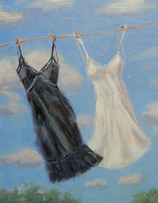 slips; "Line Dancing" - Original Fine Art for Sale - © by Julie Kirkland Clothesline Painting, Clothes On A Clothesline, Laundry Painting, Clothesline Art, Realism Paintings, Washing Lines, Blues Art, Laundry Art, Clothes Lines