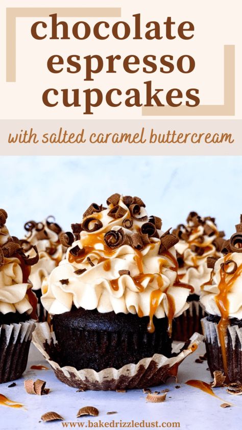 A rich and indulgent chocolate cupcake. Salted caramel buttercream piped into beautiful ruffles. A drizzle of salted caramel followed by a sprinkling of chocolate curls. These truly are the most decadent salted caramel chocolate espresso cupcakes that you can make! // Chocolate Espresso Cupcakes // Salted Caramel Cupcakes // Salted Caramel Frosting // Cupcakes Decoration // Buttercream Frosting Ruffles // Chocolate Martini Cupcakes, Chocolate Espresso Cupcakes With Salted Caramel Buttercream, Salted Caramel Espresso Cupcakes, Vanilla Cupcakes Sallys Baking, Salted Caramel Pretzel Cupcakes, Caramel Espresso Cake, Gourmet Filled Cupcake Recipes, Buttercream Frosting Cupcakes, Chocolate Toffee Cupcakes