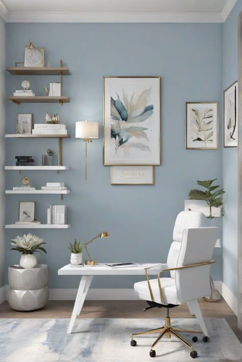 Step into tranquility with Serenity (2055-60), the ultimate wall paint color for a peaceful workspace in 2024. Discover how to create a serene retreat for productive workdays.  #interiordesign #Serenity205560 #Ad #homedecor #homedesign #trendgirlApartment #Painthome #interiorarchitecture Wall Colors Green Room Colors Bright Room office Colors Apartment Renovation Home office Remodeling Modern Paint Colors 2024 Computer Room Paint Colors, Study Colour Scheme, Office Painting Ideas For Walls, Serene Office Space, Pale Blue Living Room Walls, Study Room Wall Painting Ideas, Light Blue Office Walls, Light Blue Paint Colors For Bedroom, Paint For Home Office