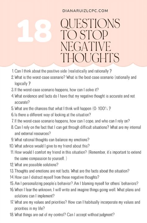 Struggling with a flood of negative thoughts? Explore these impactful questions crafted to help you interrupt the cycle and nurture a more positive outlook. Learn how small changes in how you see things can make a big difference in your day and enhance your mental health. Tap to dive deeper! How To Overcome Negative Thoughts, Turning Negative Thoughts Into Positive, Journal Prompts For Negative Thoughts, How To Challenge Negative Thoughts, Automatic Negative Thoughts Worksheet, Reframing Negative Thoughts Worksheet, How To Stop Negative Thoughts, Negative Mindset Quotes, Challenging Negative Thoughts