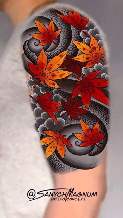 Momiji Tattoo Japanese, Japanese Leaf Tattoo, Tato Yakuza Design, Japanese Leaves Tattoo, Japanese Maple Leaves Tattoo, Bun With Chopsticks, Japanese Maple Leaf Tattoo, Japanese Maple Tattoo, Maple Leaves Tattoo