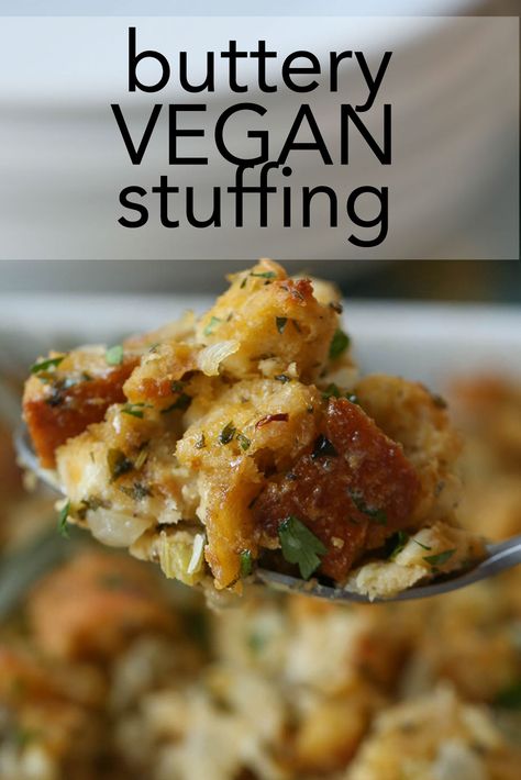 Everything you love about stuffing. The satisfying golden buttery crunch gives way to a perfectly soft interior - and best of all, it's a 100% vegan stuffing and vegetarian stuffing recipe (and 100% delicious!) Vegan And Gluten Free Stuffing, Easy Vegan Dressing, Vegan Gluten Free Stuffing Thanksgiving, Best Vegan Stuffing Thanksgiving, Vegan Sourdough Stuffing Thanksgiving, Vegan Sourdough Stuffing, Vegan Thanksgiving Stuffing Recipes, Plant Based Stuffing Thanksgiving, Gluten Free Vegetarian Stuffing