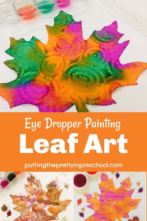 Stunning eye dropper leaf art that is quick and easy to create. An all-ages activity using supplies commonly found in the home. Reggio Leaves Activities, Leaf Art Activities Preschool, Preschool Leaf Art Projects, Fine Motor Leaf Activities, Leaf Steam Ideas, Leaf Experiments For Preschool, Leaves Activity For Toddlers, November School Age Activities, Prek Leaf Activities