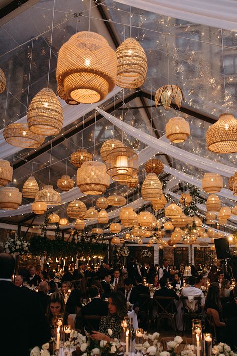 Lantern Ceiling Decor, Paper Lantern Ceiling Decor, Boho Night Wedding, Twinkle Light Weddings, Boho Lanterns Wedding, Lantern Installation, Rattan Wedding Decor, Rattan Lantern, Lantern Ceiling Wedding