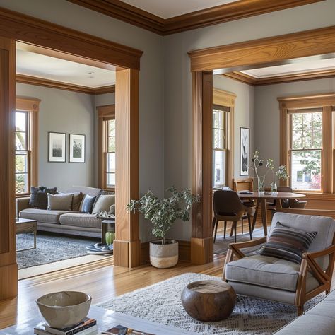 gray living room with wood trim