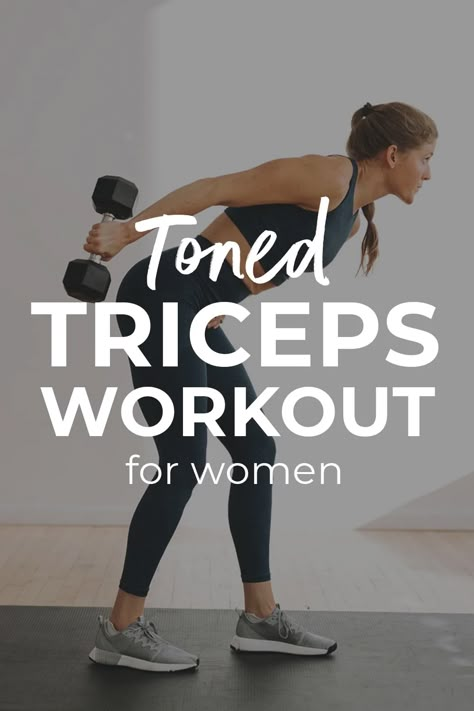 The 8 BEST tricep exercises for women in a 30-Minute Tricep Workout with dumbbells. From lying triceps extensions to tricep dips, these triceps exercises will make the muscles on the back of your arms pop! Add these 8 tricep exercises to your weekly strength training routine. Get toned arms and triceps at home with this dumbbell arm workout! Exercise For Triceps For Women, Dumbell Tricep Workouts, Kettlebell Exercises For Back, Triceps Workout With Dumbbells, Tricep Workout Women Dumbell, Tricep Exercises Women, Tricep Exercises For Women, Back And Tricep Workout, Tricep Workout With Dumbbells