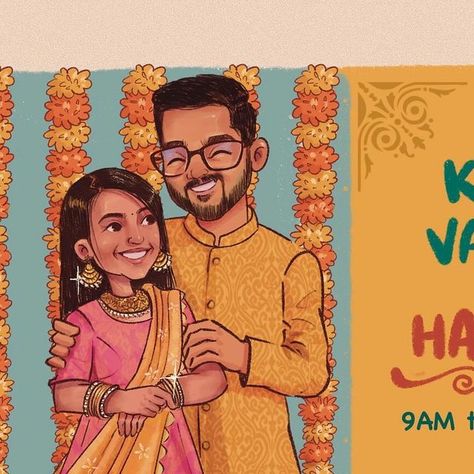 Saara | சாரா on Instagram: "Made this illustrative wedding invitation for a beautiful couple. The groom and bride are from different cultural backgrounds and wanted to illustrate each and every wedding rituals with their cartoon avatars. This is 1/3rd of the invitation  . Ps, Had to delete the previous post:(  . #commissionedwork #weddinginvite #freelanceartist" Wedding Card Couple Illustration, Digital Art Wedding Invitation, Wedding Card Illustration Design, Wedding Cartoon Illustration, Doodle Wedding Invitation, Couple Caricature Wedding, Wedding Caricature Couple, Wedding Illustration Couple, Wedding Invite Illustration