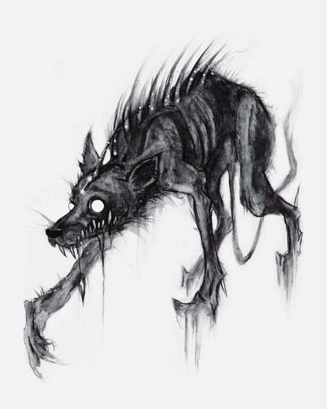 Demon Dog Drawing, Creepy Wolf Art, Creepy Dog Tattoo, Creepy Dog Drawing, El Chupacabra Art, Scary Creature Drawing, Creepy Dog Art, Scary Wolf Drawing, Chupacabra Drawing