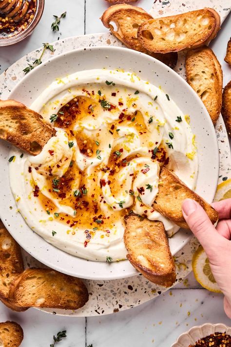 This whipped ricotta cheese is an easy appetizer that takes only a few minutes to make. The whipped ricotta dip is topped with hot honey Ricotta Cheese With Honey, Ricotta Cheese Bowl, Naan Appetizer Recipes, Whipped Cheese Appetizer, Hot Honey Ricotta Dip, Whipped Ricotta Hot Honey, Appetizers With Ricotta Cheese, Ricotta Cheese Appetizers, Whipped Ricotta Dip Honey