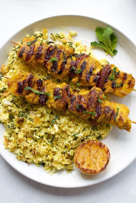 Whole30 Chicken Recipes, Cauliflower Couscous, Chicken Skewer Recipe, Herb Oil, Whole30 Chicken, Whole30 Dinner Recipes, Easy Whole 30 Recipes, Whole30 Dinner, Moroccan Recipes