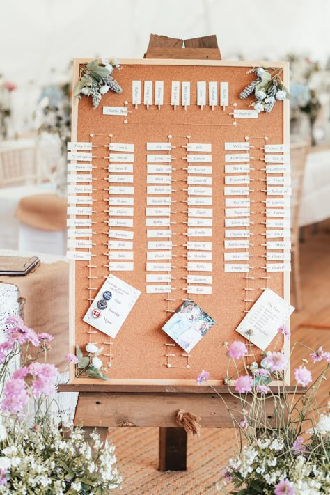 A DIY seating plan. Simple, beautiful and effective #wedding #DIYwedding Banquet Seating Plan Wedding, Cork Board Seating Chart, Seating Plan For Long Tables, Diy Seating Plan, Diy Table Plan, Barn Wedding Seating Chart, Diy Wedding Table Seating Chart, Diy Seating Chart Wedding, Table Stationary