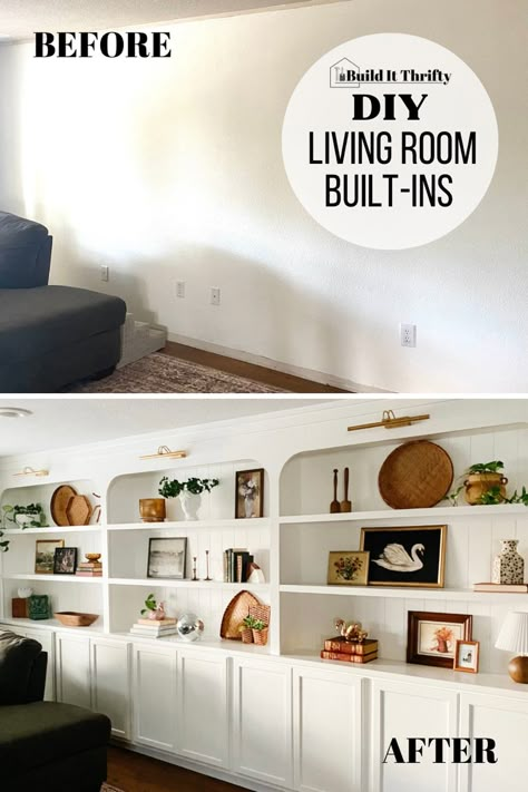 Built-in shevles DIY Diy Bookshelf Built In Wall, Built In Shelving Ideas For Living Room, Built Ins On A Budget, Easy Living Room Built Ins, Custom Built In Living Room, Eclectic Built Ins, Alternatives To Built Ins, Built In Tv And Bookshelves, Living Room Built Ins No Tv