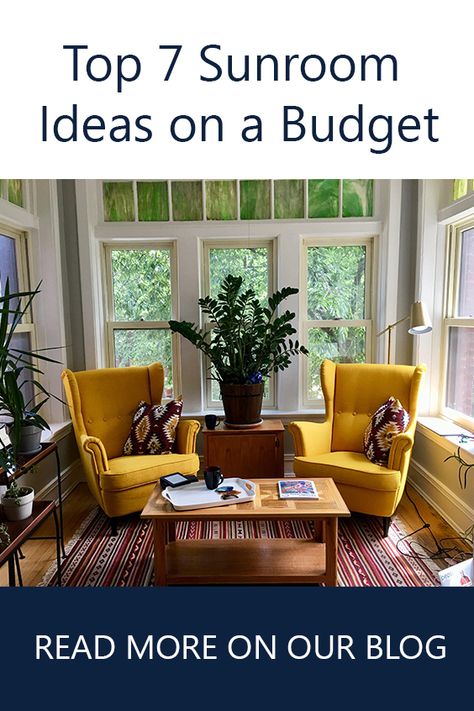 Top 7 Sunroom Ideas on a Budget. For more tips and pics visit our blog at www.gambrick.com Sunroom Remodel Ideas, Ideas For Sunroom Decorating, Small Sunporch Decorating Ideas, Furniture For Sunroom Room Ideas, Sun Porch Furniture Ideas, Small Sunporch Ideas, Small Indoor Sunroom Ideas, Indoor Sunroom Ideas Cozy, Sunroom Furniture Ideas Cozy