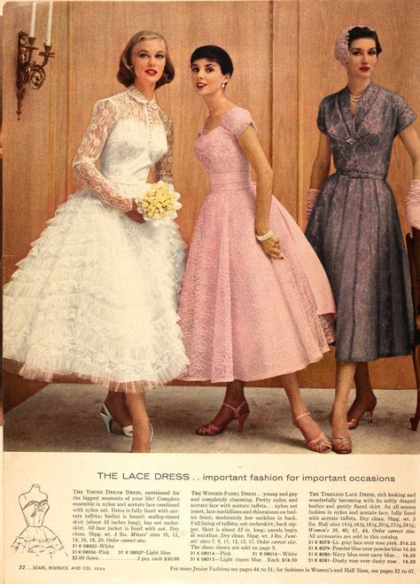 MEGA post of fashions from the 1957 Sears catalogs! Enjoy. ... 1957 Fashion, 1950’s Fashion, Fifties Fashion, Fashion 1950s, Vintage 1950s Dresses, Bridal Fashion Week, Wedding Dress Trends, Vintage Bride, 1950s Dress