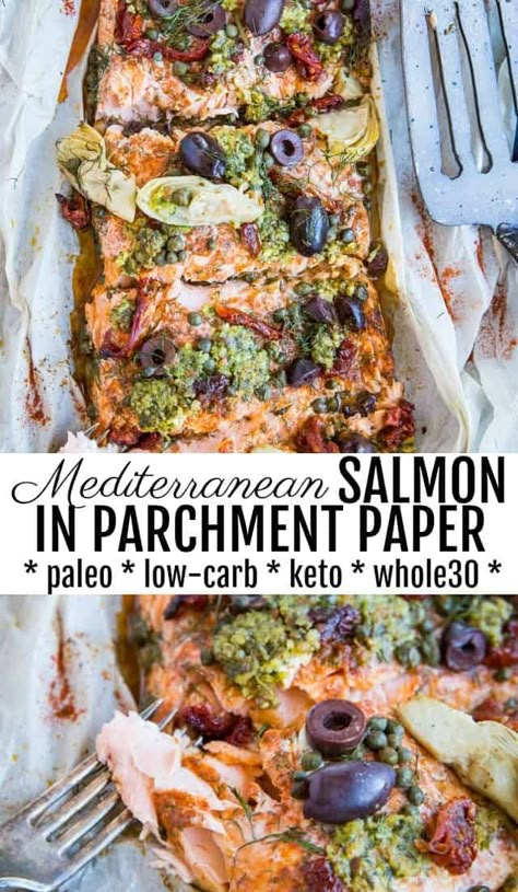 Salmon In Parchment Paper, Salmon In Parchment, Mediterranean Keto, Mediterranean Salmon, Paleo Fish, Mediterranean Diet Recipes Dinners, Mediterranean Meals, Easy Mediterranean Diet Recipes, Keto Healthy