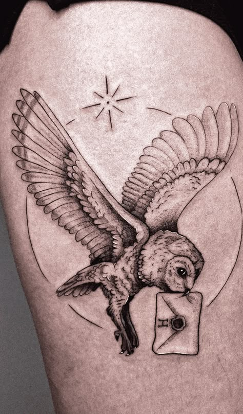 Hedwig Tattoo Design, Owl Tattoo Harry Potter, Harry Potter Tattoos Hedwig, Hedwig Tattoo Harry Potter, Harry Potter Hedwig Tattoo, Harry Potter Hedwig Drawings, Harry Potter Owl Tattoo, Tattoo Ideas Nerdy, Hedwig Drawing