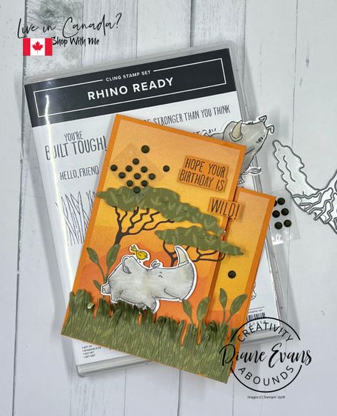 Rhino Ready SU 3 Rhino Ready, Party Blowers, Gather Together, Once A Month, Rhinos, Fancy Folds, Animal Cards, Stamping Up Cards, Friend Birthday