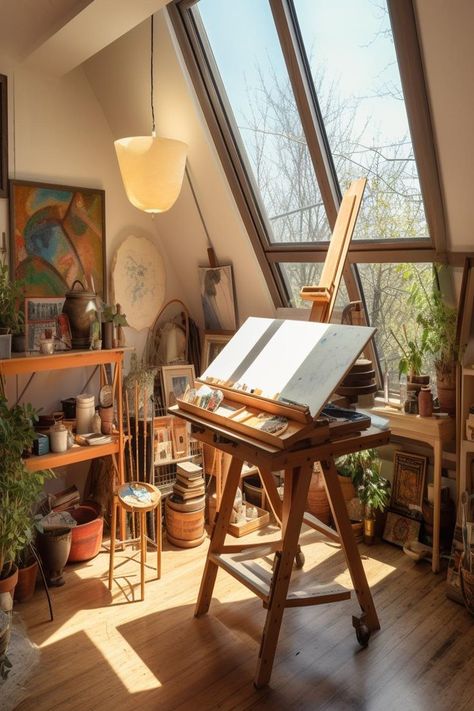 small attic art studio idea for small attics with low ceilings. Small Attic Spaces, Small Attic Room Ideas, Small Attic Room, Attic Room Ideas, Dream Art Studio, Home Art Studio, Studio At Home, Art Studio Space, Small Attic