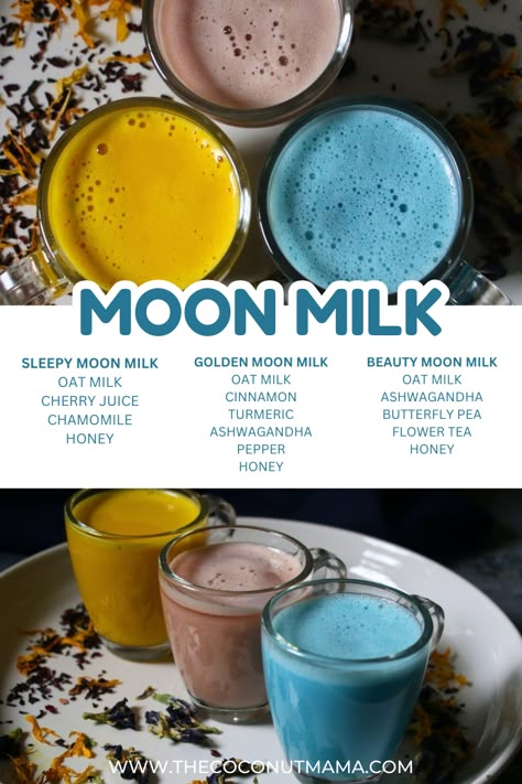 Moon Milk Ashwagandha, Vegan Moon Milk, Matcha Moon Milk, Night Time Milk Drink, Comfort Drink Recipes, Bedtime Milk Drinks, Moon Milk Tea, Sleep Milk Recipe, Milk And Honey Recipe